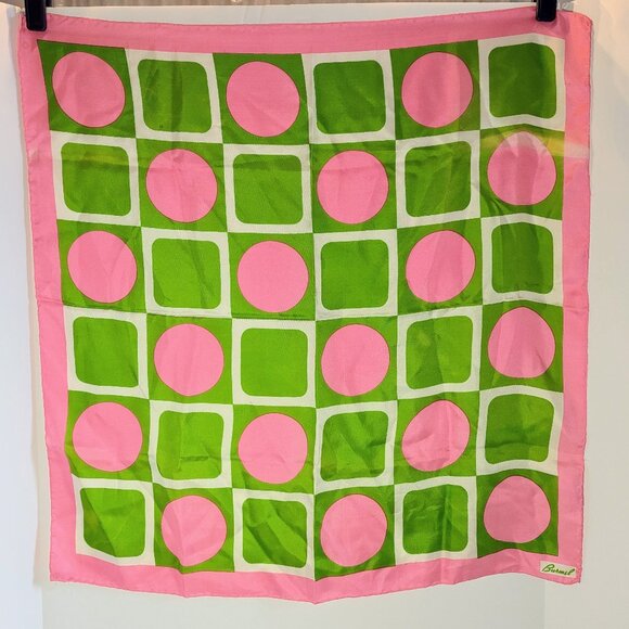 Vintage 60's Burmel Pink Green Geometric Print Silk Square Scarf Made in Japan - Picture 1 of 10